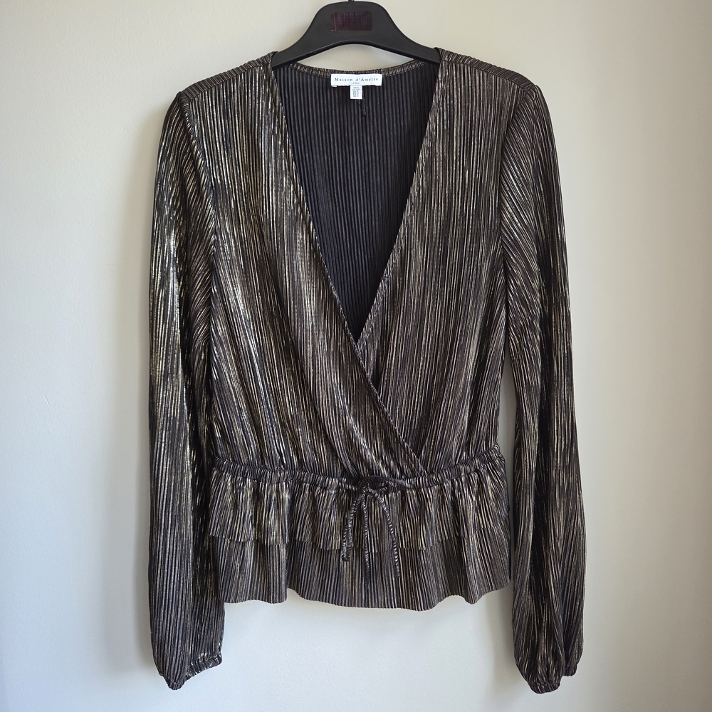 Maison D'Amelie Metallic Gold Shimmery Wrap Style Black Blouse S